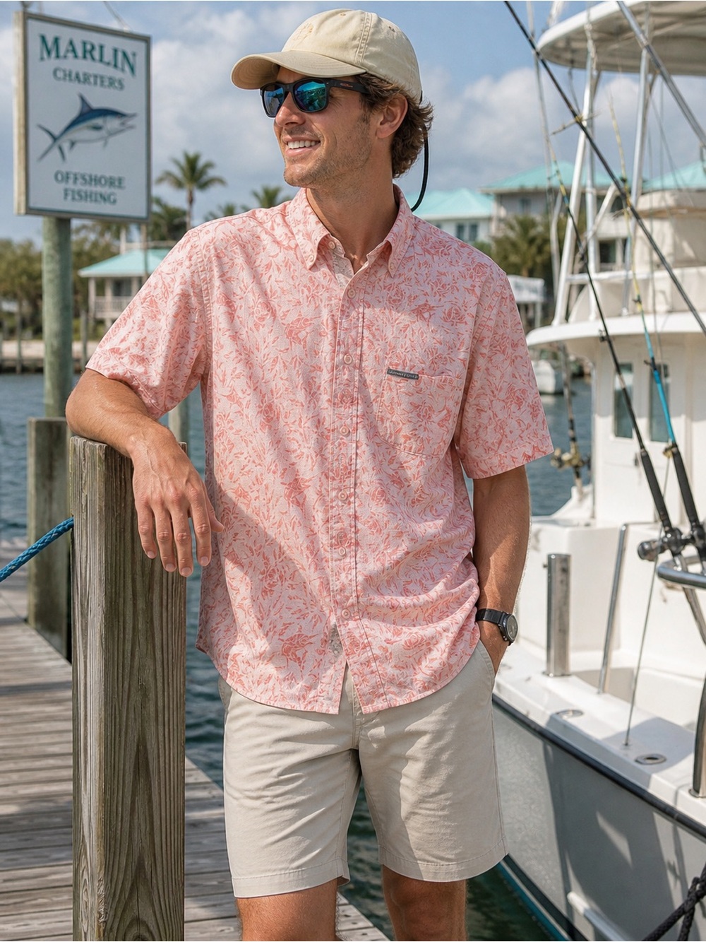 North River Outfitters Pink Floral Fish Print Button Down Shirt Size Large